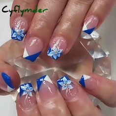 45549259063513 Blue And White Nails, Nail Type, Flower Nail Designs, Nail Tip, Fake Nails With Glue, Nails Blue, Stick On Nails, Nail Art Hacks, False Nail