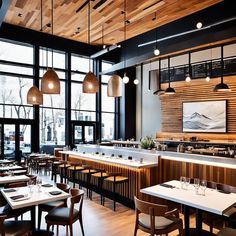 an empty restaurant with wooden tables and chairs