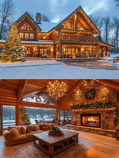 two pictures of a log cabin with christmas lights on the windows and fireplace in the living room