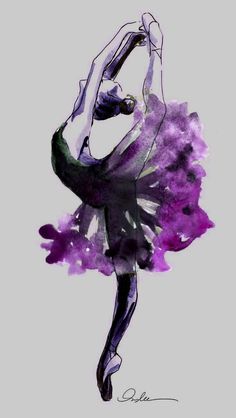 a watercolor painting of a ballerina in purple and black with her arms stretched out