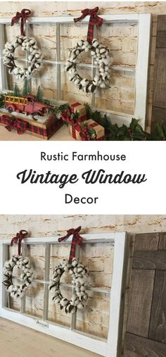 an old window is decorated with christmas wreaths and other decorations for the holiday season