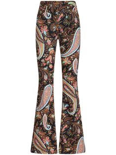 black/multicolour cotton blend stretch-design paisley print logo tag high-waisted belt loops concealed fly and button fastening classic five pockets flared Stretch Multicolor Bottoms With Paisley Print, Stretch Multicolor Paisley Print Bottoms, Wide Leg Bottoms With Paisley Print And Stretch, Stretch Wide Leg Bottoms With Paisley Print, Casual High Waist Paisley Print Bottoms, Casual Paisley Print Pants For Fall, Multicolor Paisley Print Wide Leg Pants, Fitted Wide Leg Bottoms With Paisley Print, Casual Paisley Print Bottoms For Fall