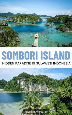 an island with palm trees and the words sombori island hidden paradise in southeast indonesia