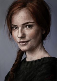 a painting of a woman with freckles on her face and hair in a braid