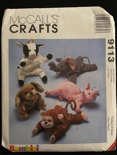 This is a 1997 McCalls pattern for a collection of 9" bean bag animals. Includes puppy, pig, monkey, cow, and elephant.  Pattern is uncut and factory folded Bean Bag Animals, Stuffed Animal Bean Bag, Jersey Cow, Crafts Sewing Patterns, Animals Toys, Animal Sewing Patterns, Soft Toy Animals, Mccalls Sewing Patterns, Beanie Pattern