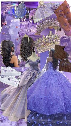 a collage of princess dresses and tiaras in purple, white and blue colors