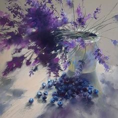 an oil painting of purple flowers in a white vase on a table with blue balls