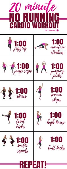 the 10 minute no running cardio workout is shown in red and white with pink lettering