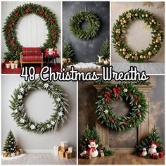 christmas wreaths are arranged in four different ways