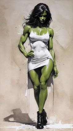 a painting of a woman with green paint on her body and legs, posing for the camera