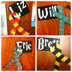 four pictures of different types of ties and name tags on wooden boards with words written in them