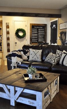 a living room with black leather couches and wooden tables in front of the fireplace