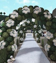 an artist's rendering of a garden with white flowers and green bushes on either side