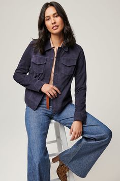 Styled like a jean jacket but crafted from soft yet durable goatskin suede, the Natalie offers a touch of casual luxury to your everyday look. Featuring hidden snap closures, a crisply shaped shirt collar and flap chest pockets, and full lining for comfortable wear, this go-everywhere jacket is the perfect addition to your outerwear collection from spring to fall. Casual Single-breasted Leather Jacket With Lapel Collar, Casual Single Breasted Leather Jacket With Lapel Collar, Classic Leather Jacket With Buttoned Pockets For Work, Suede Leather Jacket With Button-up And Pockets, Collared Leather Jacket With Patch Pockets For Work, Workwear Leather Jacket With Lapel Collar And Pockets, Leather Jacket With Lapel Collar And Pockets For Work, Classic Leather Jacket With Buttoned Pockets For Fall, Spring Collared Leather Jacket With Flap Pockets