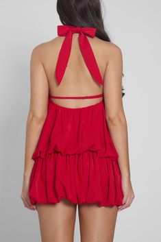 If you're looking to add a pop of color in your life, look no further than our Cherry Bubble Mini Dress. This red mini dress is complimented with a halter neckline which can be tied in a bow with a open back and adjustable strap. The loose material gathers effortlessly by a cinched hip detailing to provide the mini bubble hemline. Floral Applique Dress, High Waist Long Skirt, Long Skirt Outfits, Plain Dress, Bodycon Floral Dress, Corsets And Bustiers, Trendy Dress, Bustier Dress, Quality Dresses