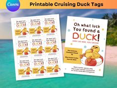 two printable cruise duck tags on the beach