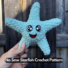 a hand holding up a blue crocheted starfish with black eyes and mouth