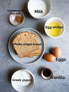 an image of eggs, milk and bread on a plate with words describing the ingredients