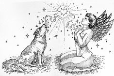 a drawing of a woman sitting next to a dog with wings on her chest and the sun above her head