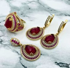 Beyoglu | Ruby Ottoman Style Jewelry Set Style Ottoman, Ornate Jewelry, Ruby Set, Beaded Hat, Ottoman Styling, Necklace Ring, Turkish Jewelry, Ruby Stone, Silver Jewelry Handmade