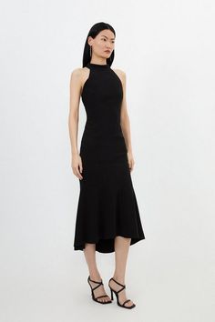 Compact Stretch Essential Waterfall Hem High Neck Midi Dress | Karen Millen Sleek Elastane Midi Dress For Date Night, Chic Stretch High Neck Maxi Dress, Chic High Neck Stretch Maxi Dress, Chic Bodycon High Neck Maxi Dress, Chic High Neck Bodycon Maxi Dress, Formal Stretch High Neck Maxi Dress, Sleek Fitted High Neck Maxi Dress, Sleek Midi Length Elastane Dresses, Elegant Halter Neck Midi Dress For Work