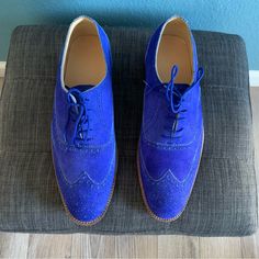 These Are Brand New Never Worn, Hand Made Leather Shoes. Beautiful Electric Blue Brogue Or Wing Tip Style. They Are Way Too Big For Me, The Listed Size Was Not Correct When I Ordered. Based On The Measurements I Estimate The Size Is A Us Men’s 11. They Are Narrow At The Toe So Do Take That Into Consideration. They Are Extremely Well Made And I Expect The Suede Will Conform To The Foot Nicely Over Time. Leather Soles Have Some Very Slight Scuffs From Trying Them On At Home. Fitted Blue Oxfords With Brogue Detailing, Blue Low-top Dress Shoes For Business, Blue Pointed Toe Oxfords For Formal Occasions, Fitted Blue Dress Shoes With Plain Toe, Blue Almond Toe Dress Shoes For Formal Occasions, Blue Brogue Oxfords With Almond Toe, Blue Oxfords With Brogue Detailing And Almond Toe, Blue Suede Leather Shoes For Business, Blue Almond Toe Oxfords For Formal Occasions