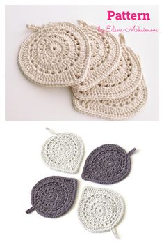 four crocheted coasters are shown in three different colors and one has an oval design