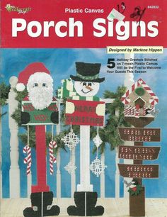 the cover of plastic canvass porch signs is decorated with christmas decorations and snowmen