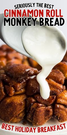 cinnamon roll monkey bread being drizzled with white sauce