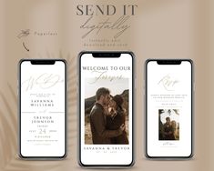 three cell phones with wedding photos on them and the text send it happily in cursive writing