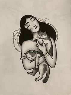 a black and white drawing of a woman holding a cat with her arms around her chest