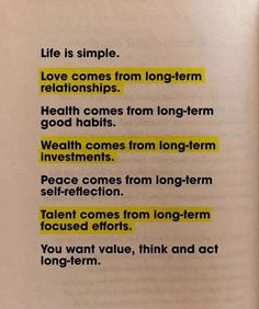 an open book with words written in yellow and black on the page, which reads life is simple love comes from long - term