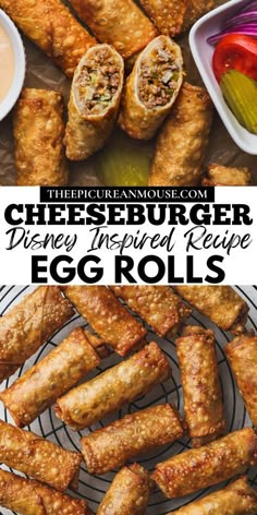 an egg rolls recipe with cheeseburger in the middle and other appetizers