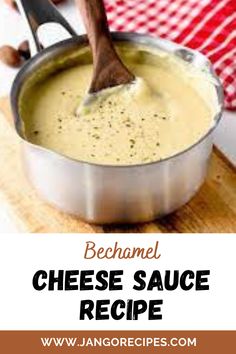 a pan filled with cheese sauce sitting on top of a wooden cutting board next to a red and white checkered table cloth