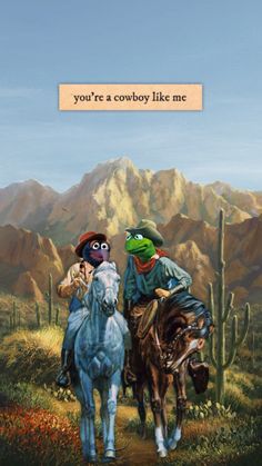 two people riding horses in the desert with mountains and cactus behind them, one is holding a baby