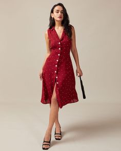 Red Polka Dot Dress, Tailored Clothes, Polka Dot Tie, V Neck Midi Dress, Sleeveless Midi Dress, Polka Dot Design, Dot Design, Red Midi Dress, Midi Maxi Dress