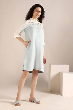 Off white and blue linen dress featuring threadwork patterns on a colour block panelled base. - Aza Fashions White Linen Dress For Workwear, White Linen Dress For Spring Workwear, White Linen Dress For Work, White Linen Spring Dress For Work, White Linen Shift Dress, Shirt Collar Dress, Colour Block Dress, Blue Linen Dress, Block Dress