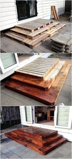 the steps are made out of wood and have been placed on top of each other