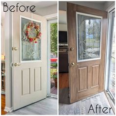 two pictures of the same front door with glass and wood doors, one has a wreath on it