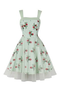 ZAPAKA Women Vintage Dress Green Plaid Swing 1950s Dress with Floral Printed Plaid Dress Vintage, Vintage Wedding Party, Vestidos Retro, Hepburn Style, Glamour Dress, Vestidos Vintage, 1950s Dress, Patchwork Dress, Green Plaid