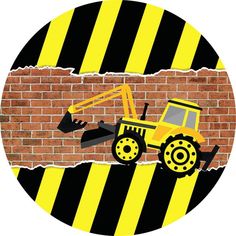 a yellow and black bulldozer on a brick wall with stripes in the background