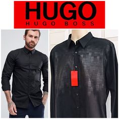 Hugo By Hugo Boss Statement Staple Black Button Up Shirt ‘Elisha’ Slim Fit Xxl New With Tags Designer Black Shirt With Button Closure, Designer Black Shirt For Business, Hugo Boss Men, Cotton Stripe Dresses, Boss Men, Black Button Up Shirt, Grey Long Sleeve Dress, Ermenegildo Zegna Men, Denim Shirt With Jeans