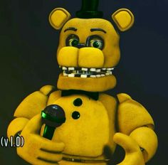 a yellow teddy bear holding a green bottle