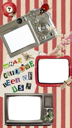 an assortment of objects including a camera, mirror and magnets on a striped background