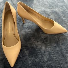 Leather Tan 6.5 Salvatore Ferragamo Elegant Leather Heels With Medium Fit, Formal Beige Court Shoes With Branded Insole, Elegant Leather Heels Medium Fit, Elegant Medium Fit Leather Heels, Classic Spring Calf Leather Heels, Luxury Almond Toe Heels With Heel Tab, Calf Leather Heels With Heel Tab And Almond Toe, Luxury Almond Toe Court Shoes For Spring, Elegant Heels With Branded Insole And Medium Fit