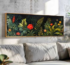 a painting on the wall above a couch in a living room with pillows and plants