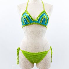 Handknitted Retro 70s Glam String Bikini Sold At Net-A-Porter & Free People. Green & Blue Crochet Knit Lined Swimsuit Embellished Sequins Chevron Stripes. Adjustable Halter & Hipster,. Sexy Mermaid Halloween Costume, Festival Bra Top. Nwt. 1 Only. Tag S. Model 4. Fits Os. Buy S! Flat~ Triangle 6x6", 60l W Ties Bottom Front 10l X 7rise Back 13lx10h Spring Summer Lime Beach Vacation Sequence Cruise Neon Pool Party Handmade Honeymoon Resort Swim Parties Anna Kosturova Suit 2-Piece Set Brazilian Neon Pool Party, Neon Pool Parties, Mermaid Halloween Costume, Anna Kosturova, Mermaid Halloween Costumes, 70s Glam, Reversible Swimwear, Swim Party, Mermaid Halloween