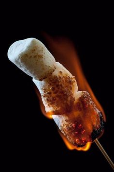 a marshmallow on a skewer with fire in the background