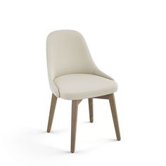 an upholstered white chair with wooden legs