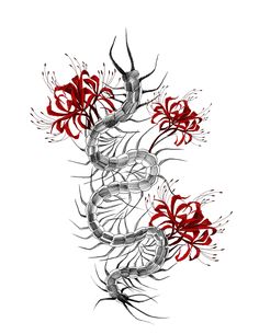 a drawing of a snake with red flowers on it's back and arms in the air